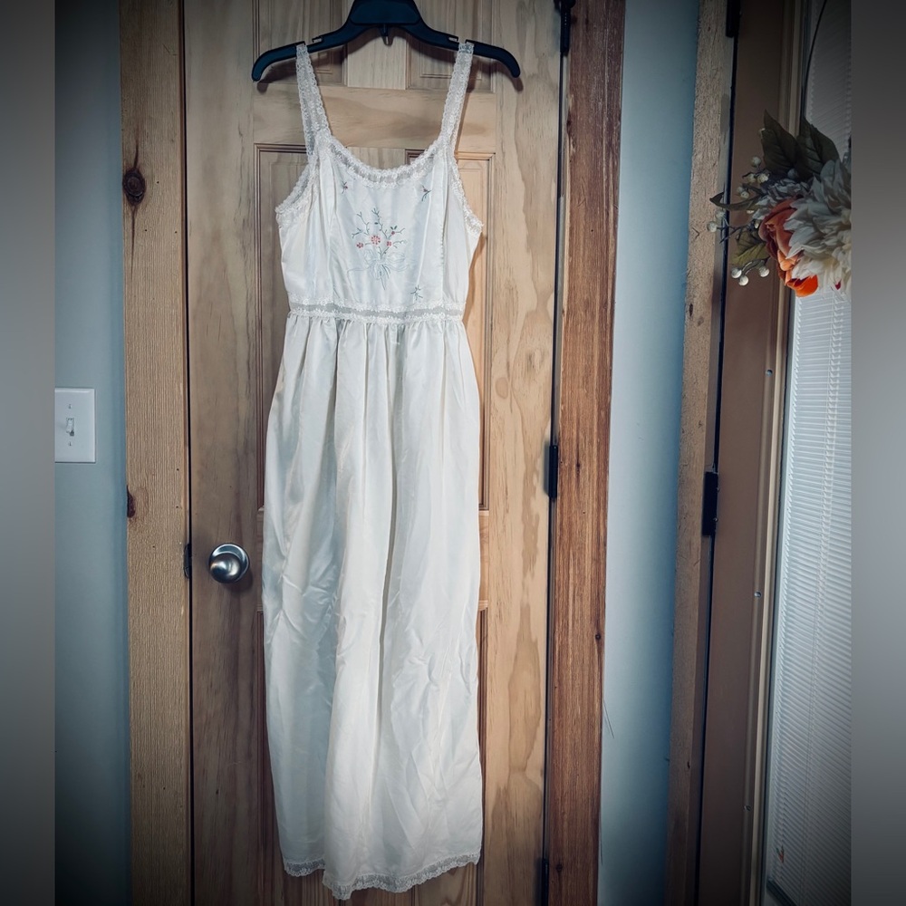 Odette Barsa Vintage Long Maxi Slip Dress W/ Embroidery & Lace Detail